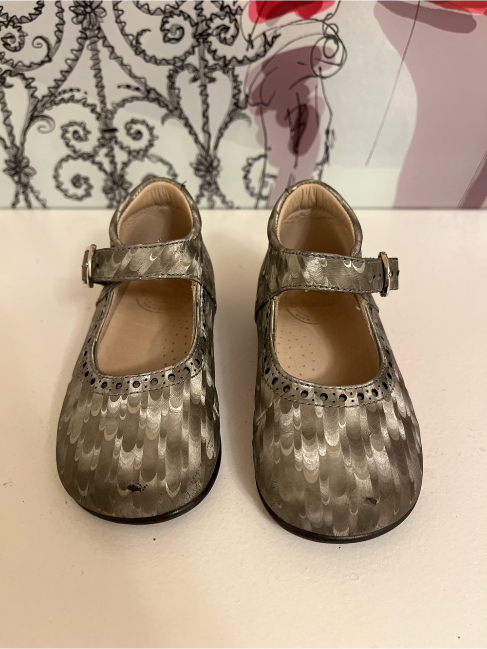 Mary Jane Shoes - Metallic Feather-Print Leather, Toddler EU 22 (US Toddler 6)